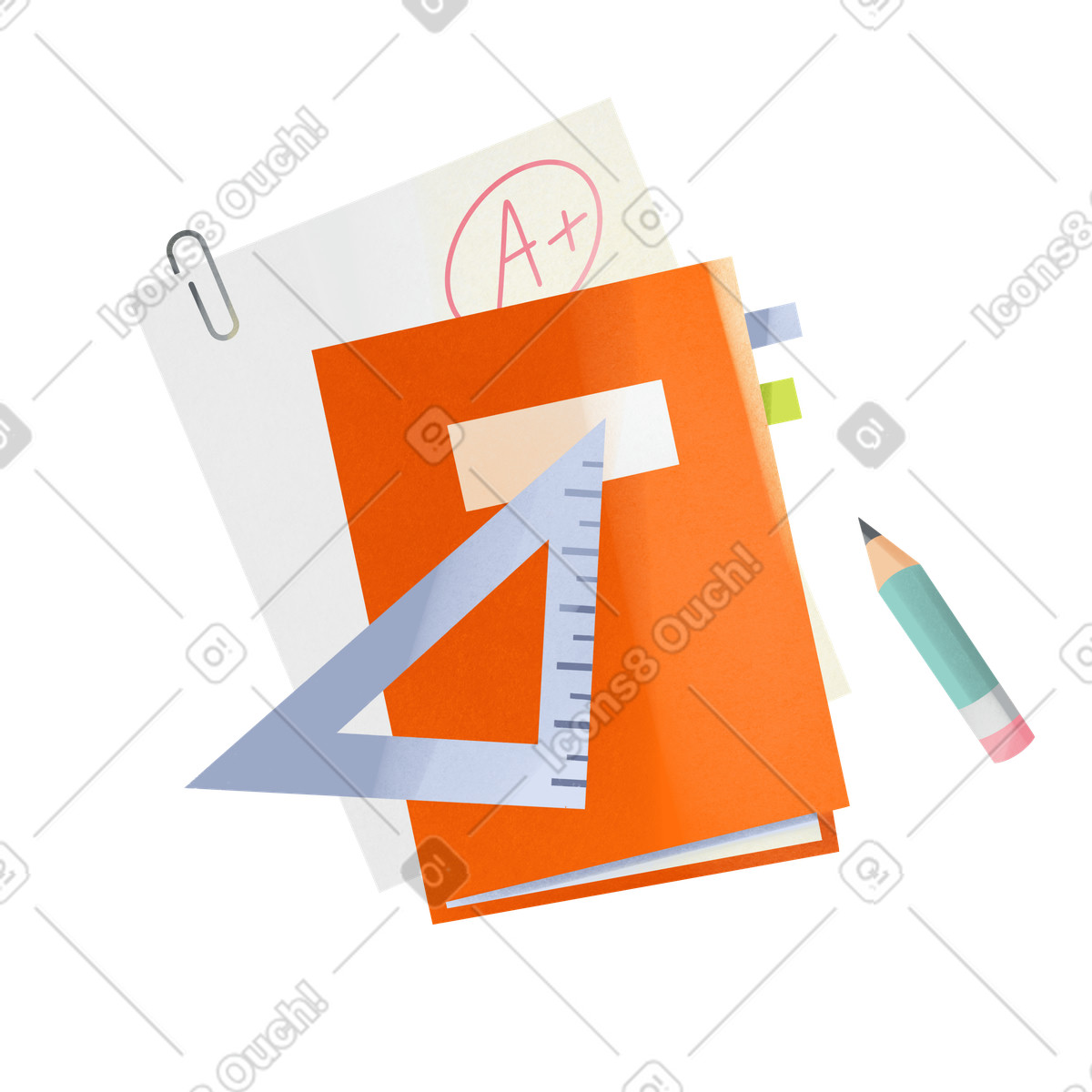 School paper with grade and stationery illustration in PNG, SVG