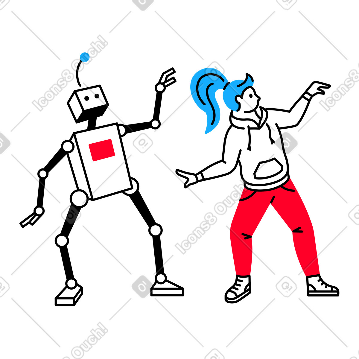 Ilustração animada de Mulher com cabelo azul e robô dançando em no estilo Transistor para baixar em GIF, Lottie (JSON), AE