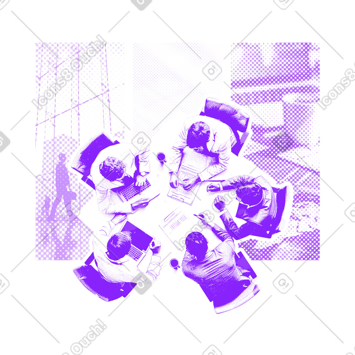 Illustration Discussion de l’équipe commerciale lors la réunion dans le style Halftone à télécharger aux formats PNG, SVG
