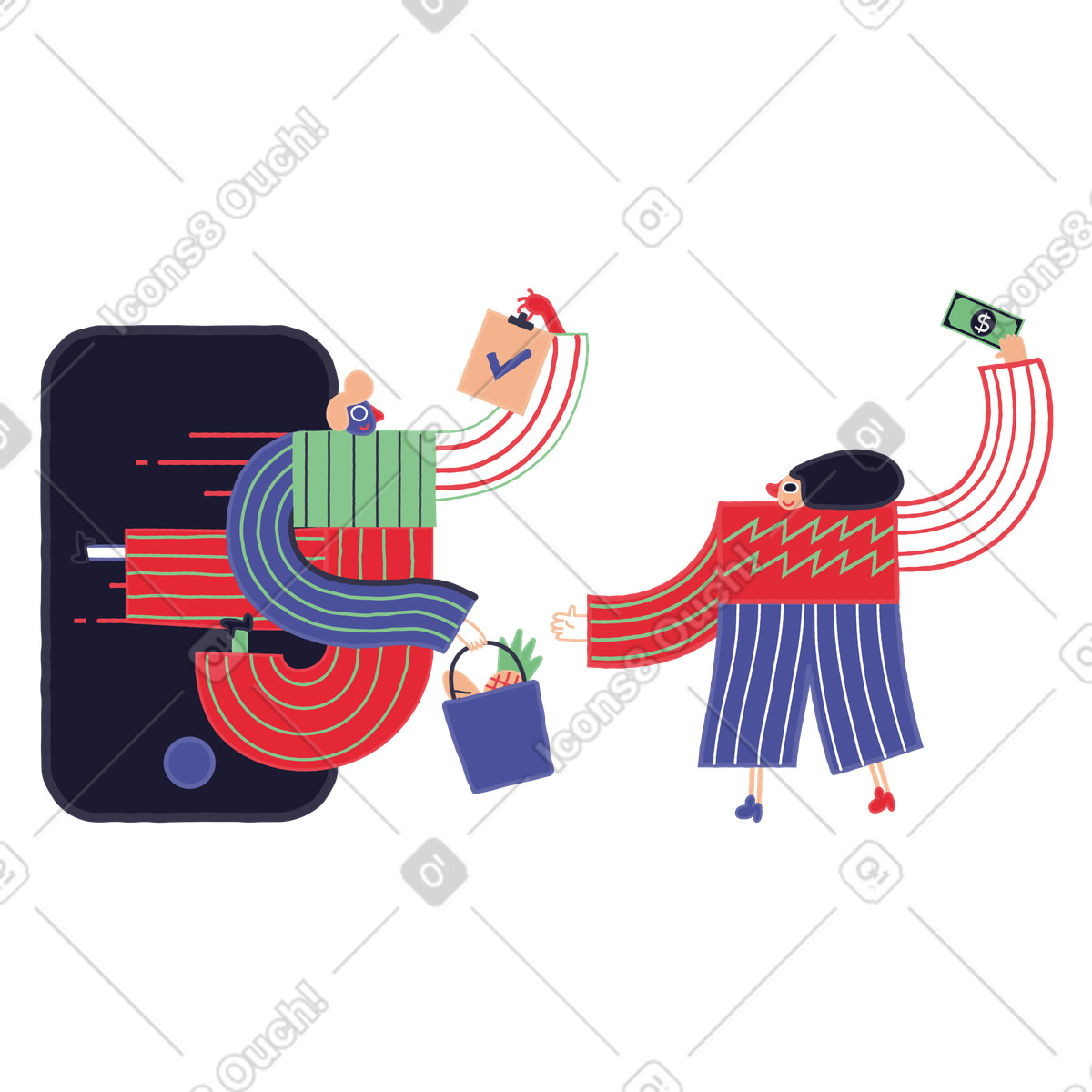 Illustration Femme recevant la commande du livreur dans le style Stripy à télécharger aux formats PNG, SVG