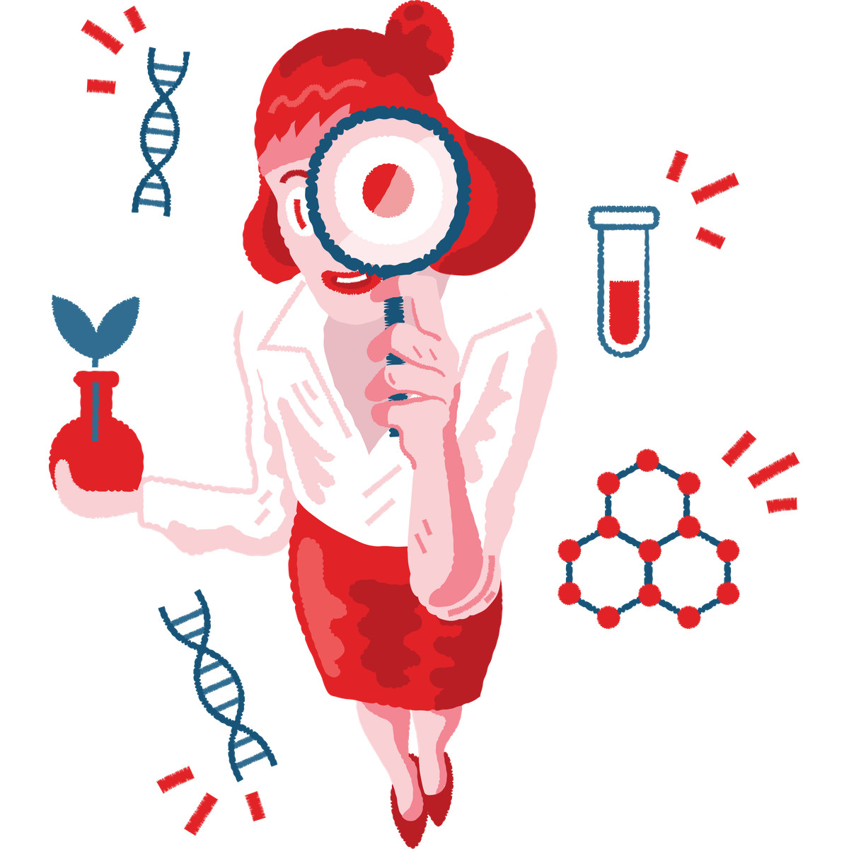 Cherry スタイルの Scientist woman looking through magnifying glass のイラストをPNG、SVG形式でダウンロード