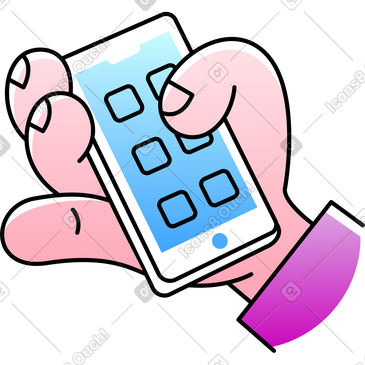 Hand holding a cell phone illustration in Pocus style download in PNG, SVG