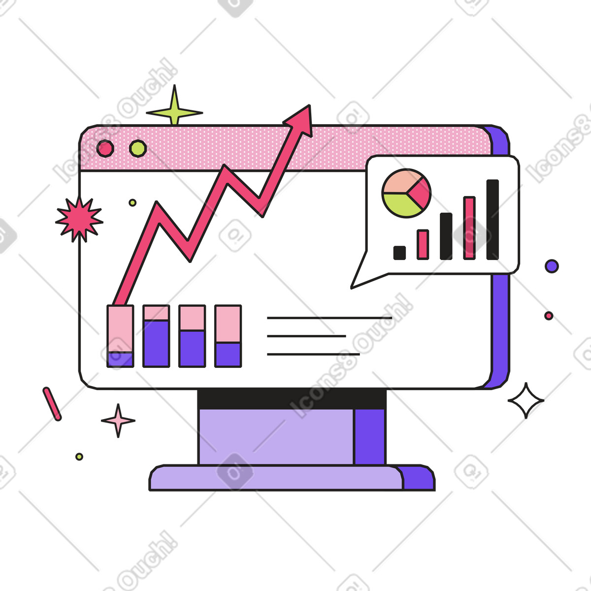 Dazzle 스타일의 Statistics on desktop screen, Data analysis for digital marketing 일러스트레이션 PNG, SVG 다운로드