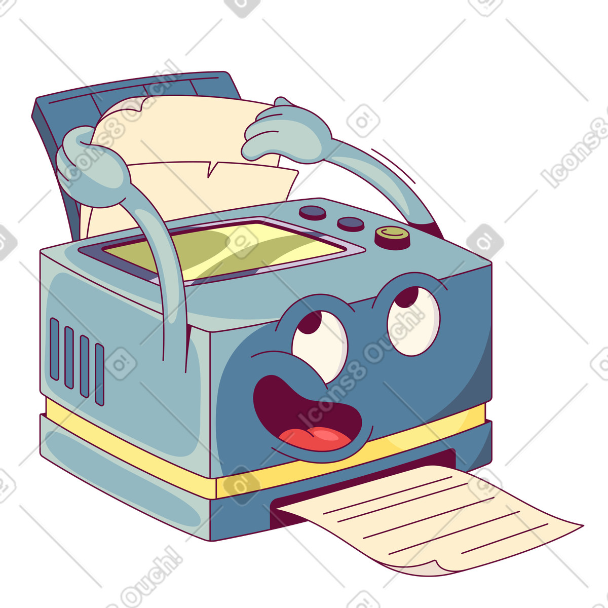 Cartoon printer with arms adding sheets, Document printing, Loading and processing animated illustration in Handy style download in GIF, Lottie (JSON), AE