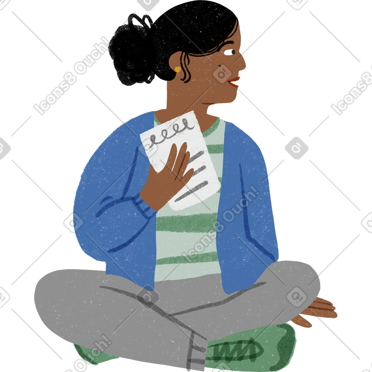 Ilustración Mujer sentada con las piernas cruzadas y hablando papel en la mano estilo Public a descargar PNG SVG