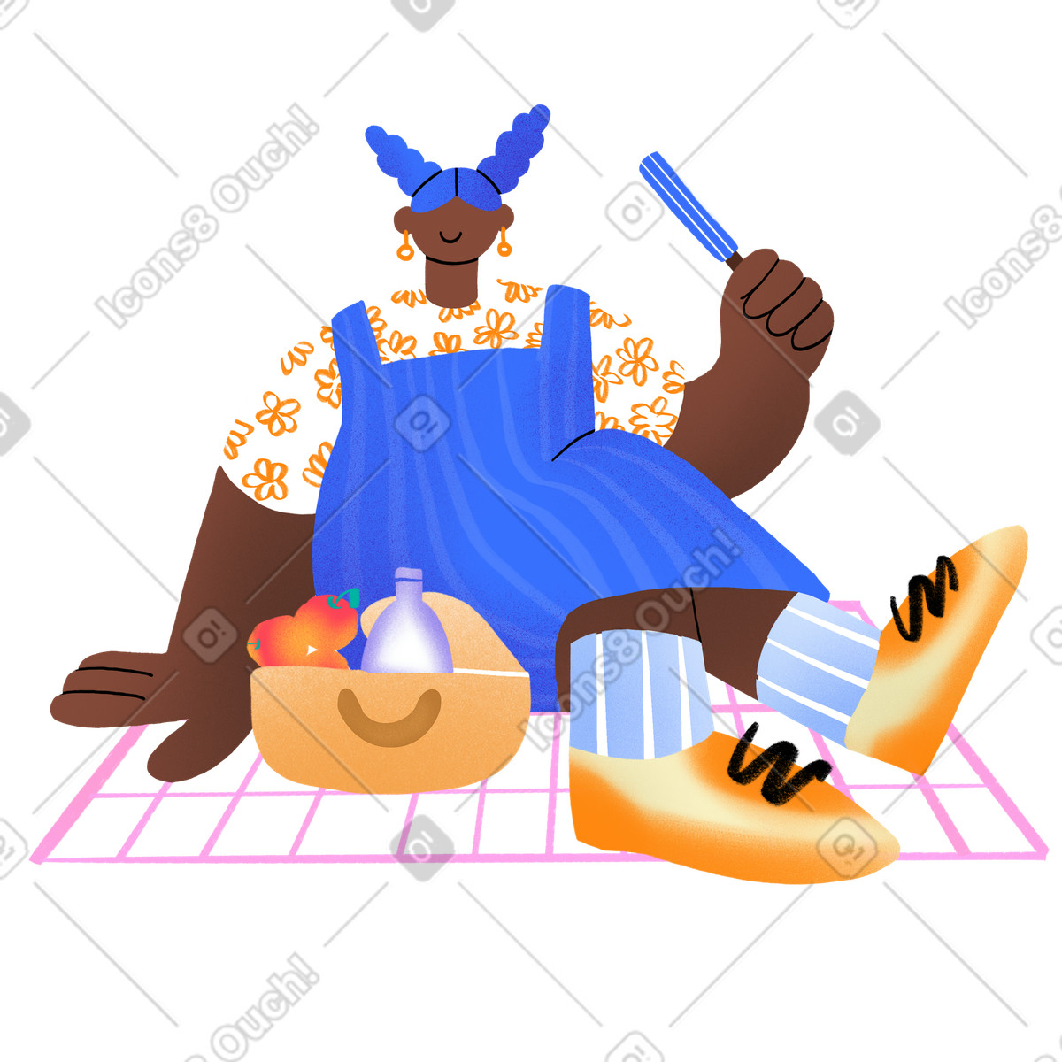Woman with eating an ice popsicle on a picnic illustration in Bonny style download in PNG, SVG
