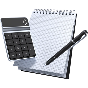 A calculator, notepad, and pen on a desk - 3D Pro style illustration