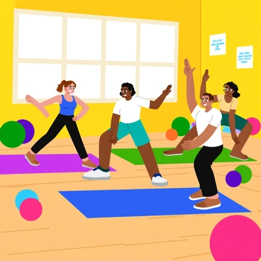 A vibrant and colorful exercise room filled with bright equipment and large windows letting in natural light. Several people of diverse backgrounds are positioned on yoga mats, each striking the "superman pose." One person has long brown hair and is wearing a blue tank top with black leggings, another is crouched with short curly hair in a white t-shirt and green shorts. The walls are adorned with motivational posters, and there are colorful exercise balls scattered around the room. The floor is a smooth wooden surface, enhancing the lively atmosphere.