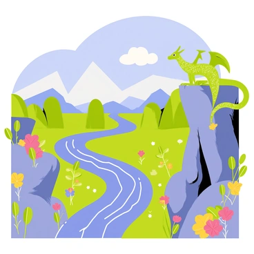 A vivid illustration of a dragon perched on a rocky cliff. The dragon has shimmering green scales and large, intricate wings that extend outward. Below the cliff, a sparkling blue river winds through a lush forest filled with vibrant trees and colorful flowers. Above, a bright blue sky is dotted with fluffy white clouds. In the distance, misty mountains rise against the horizon, completing the enchanting scene. The dragon gazes out over its domain, embodying the essence of a mythical creature in a mystical setting.