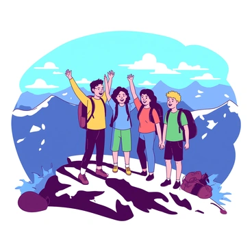 A group of four hikers stands triumphantly at the summit of a large mountain. They are wearing colorful outdoor gear, with backpacks resting on the ground beside them. In the background, expansive views of distant mountains and a clear blue sky create a dramatic contrast. The sun casts warm light, illuminating the rocky terrain at their feet. A sense of accomplishment is visible on the hikers' faces as they take in the breathtaking scenery together.