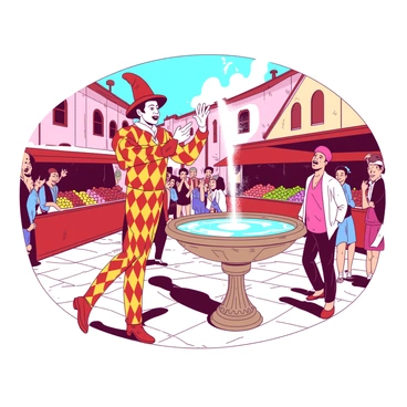 An arlequin clad in a vibrant costume featuring alternating diamond patterns of red and yellow is performing magic tricks. He stands beside a stone fountain in the center of a lively town square. The fountain is adorned with intricate carvings and sprays water that catches the sunlight. Around the fountain, there are several joyful townspeople watching the arlequin with expressions of amazement. Colorful market stalls filled with fruits and flowers are visible in the background, adding to the bustling atmosphere. The sky above is clear, enhancing the cheerful scene.