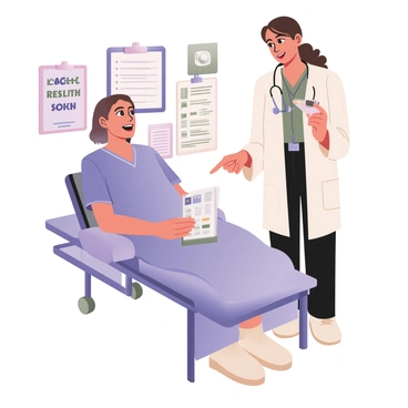 A patient is sitting on an examination table in a clinic, looking eagerly at a set of laboratory results held by a nurse. The patient is a middle-aged woman with light skin, wearing a blue hospital gown. She has short, wavy hair and a hopeful expression on her face. The nurse, standing next to her, has medium skin and curly brown hair tied back in a ponytail. The nurse is wearing scrubs and is smiling while pointing at the results. In the background, there are medical charts and a poster on the wall about health and wellness. A stethoscope is hanging around the nurse's neck. The atmosphere conveys a sense of optimism and engagement in the patient's healthcare journey.