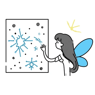 A fairy with "icy blue wings" is delicately hovering near a windowpane. She has long, flowing hair that glistens like frost, and her attire is a shimmering silver dress. She is using her fingers to create intricate "frost patterns" on the glass, leaving behind delicate, swirling designs that mimic snowflakes. The light from outside casts a soft glow on her and the windowpane, enhancing the magical atmosphere of the scene.