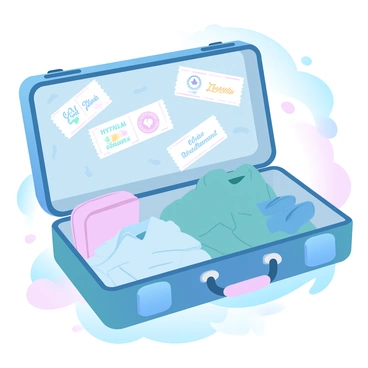 An open suitcase is placed on a bed, revealing travel essentials neatly arranged inside. There are a couple of neatly folded shirts and a pair of shoes beside a travel-sized toiletry bag. Scattered among the clothes are various receipts from different destinations, showcasing colorful logos and names of restaurants and attractions. The suitcase has a vibrant pattern on its exterior, and the background features a cozy room setting with a soft, pastel-colored wall.