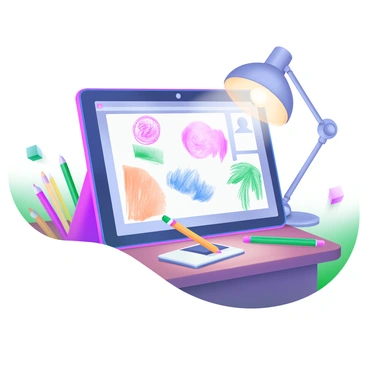 A tablet is positioned on a wooden table, displaying an interactive app interface where multiple users can draw collaboratively. The screen showcases vibrant, colorful sketches in various styles, illustrating different contributions from multiple users. Around the tablet, there are colorful drawing tools, including styluses in bright colors. In the background, a soft glow from a lamp enhances the inviting atmosphere of the workspace.