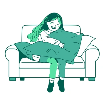 A teal girl with long flowing hair is sitting on a white sofa, hugging a large decorative cushion with a warm smile on her face. The cushion has a variety of colorful patterns, contrasting with the simplicity of the sofa. The girl is wearing a cozy sweater and her legs are crossed comfortably on the sofa. The setting has a sense of warmth and comfort, enhanced by soft lighting that highlights her cheerful expression.