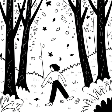 A figure resembling SZA is walking through a dense forest filled with tall trees, their trunks covered in intricate bark patterns. The ground is carpeted with a mix of colorful autumn leaves, creating a textured landscape. Leaves are falling from the branches above, some caught mid-air, adding a sense of movement to the scene. The figure is wearing a flowing outfit that blends with the natural environment, while her hair drapes down in soft waves. Sunlight filters through the branches, casting shadows and highlighting the beauty of the forest.