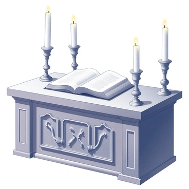 A grand altar positioned within an ornate church. The altar is decorated with intricate carvings and elegant details, emphasizing its significance. A large open Bible is prominently displayed at the center of the altar, with its pages spread wide, inviting contemplation. Surrounding the Bible are several glowing candles, their flames flickering gently, casting soft light across the altar's surface. The overall atmosphere conveys a sense of reverence, with the architectural features of the church adding depth and richness to the scene.