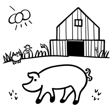 A pig with a round body and a curly tail is roaming freely in a field. The pig has a textured skin and is surrounded by tall grass. In the background, there is a large, prominent barn with a weathered wooden structure. Several animals, including a cow and a sheep, are seen grazing nearby. The sun is shining brightly, casting shadows on the ground, enhancing the farm setting.