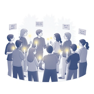 A group of people stands together in a circle, holding lit candles. Some individuals have their heads bowed in prayer, while others hold their candles high, illuminating their faces. The scene captures the solemnity of the moment, with expressions of reflection and remembrance on their faces. Surrounding them are small, handwritten signs with phrases of hope and love. The background shows faint outlines of trees and a night sky, creating an atmosphere of unity and support among the community members.