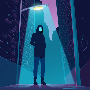 A shadowy figure with indistinct features stands quietly in a dark alley. The figure is partially illuminated by a flickering streetlight, casting long, eerie shadows on the cobblestone pavement. The alley is lined with brick walls that are damp and covered in graffiti. In the background, there are faint outlines of abandoned buildings, adding to the atmosphere of desolation. The streetlight itself has a yellowish glow, creating a stark contrast with the deep shadows surrounding the figure.