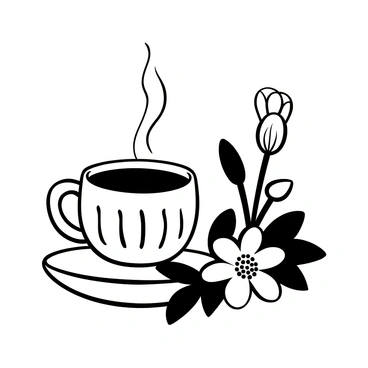 A "steaming cup of echinacea tea" sitting on a "wooden table". The cup has intricate patterns etched on its surface. Next to the cup, there are "fresh echinacea blossoms" with distinct petal shapes and texture. The arrangement includes several blossoms in various stages of bloom, some with vibrant petals and others still budding. A few green leaves are scattered around the blossoms, adding natural detail to the composition.