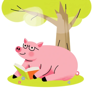 A pig with a round body and pink skin is wearing black reading glasses perched on its snout. The pig is sitting comfortably on the ground beneath a large green tree with a thick trunk and broad leafy branches. The pig is engrossed in a colorful book held in its front hooves, with pages fanned out. Sunlight filters through the leaves, casting dappled shadows on the grass around the pig. Small flowers in various colors are scattered across the ground, adding a cheerful touch to the scene.