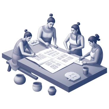 A group of Aztec artists working together at a large table. They are focused on creating a codex, using intricate tools to draw on a large piece of parchment. The artists are adorned in traditional clothing, with elaborate accessories that hint at their cultural heritage. The codex features detailed symbols and pictographs, showcasing their rich storytelling tradition. Various decorative elements surround the workspace, including brushes and pots that may contain natural pigments. The atmosphere is one of concentration and creativity, as the artists collaborate on this important cultural artifact.