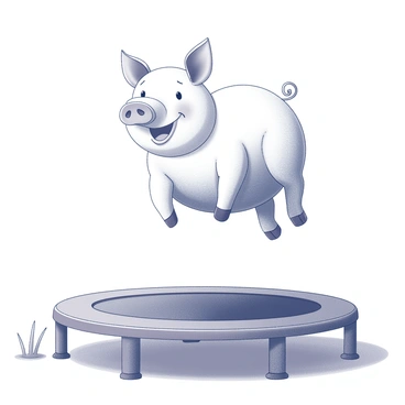 A pig with a round body and short legs is bouncing on a trampoline. The pig has a large, cheerful smile on its face, showcasing its enjoyment. The trampoline is circular and has a textured surface, designed for jumping. The background features a simple, flat landscape with a few tufts of grass and a clear sky. The pig is mid-air, with its ears flopping and its tail curled up, emphasizing the playful moment.