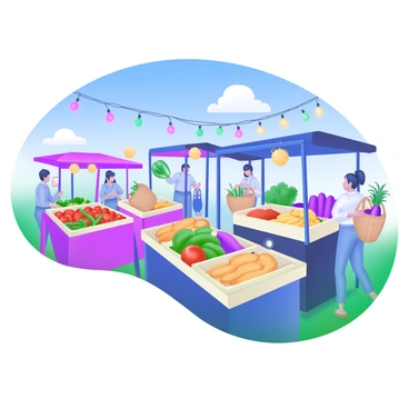 A modern pastel illustration depicting an open-air market bustling with activity. There are multiple vendors, each with colorful stalls filled with an assortment of fresh fruits and vegetables. One stall showcases bright red tomatoes and green cucumbers, while another features yellow bananas and purple eggplants. Shoppers are seen browsing, some carrying woven baskets filled with produce. A vibrant blue sky is visible above, with a few fluffy white clouds. Decorative string lights are draped overhead, adding a festive atmosphere to the market scene.