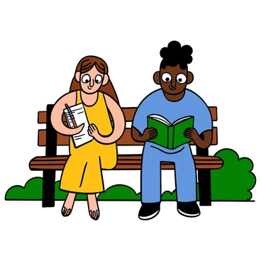 A park bench in a sunny park where two strangers are sitting side by side. On the left, a light-skinned woman with big eyes and long brown hair is sketching in a notebook with a pencil, wearing a yellow sundress. On the right, a dark-skinned man with big eyes and short curly hair is reading a book, wearing a blue t-shirt and jeans. The scene captures their focused expressions, creating a moment of calm as they enjoy each other's quiet company amidst the greenery of the park.