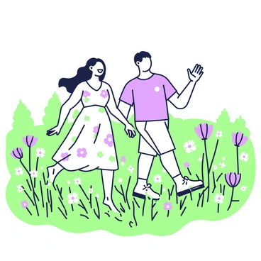 A couple is playfully running through a field filled with wildflowers. The woman has long hair flowing behind her as she laughs joyfully. She wears a light summer dress with floral patterns. The man beside her has short hair and is wearing a casual t-shirt and shorts. They are surrounded by an array of colorful wildflowers swaying gently in the breeze. In the background, a clear sky provides a sense of openness, while a few distant trees are visible at the edge of the field.