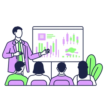 An analyst with short hair is standing at a podium, presenting a market report displayed on a large screen behind them. They are wearing a tailored suit with a tie. The screen shows various colorful graphs and charts, highlighting trends and data points. In front of the analyst, a captivated audience is seated, with expressions of interest and engagement. Some audience members are taking notes, while others are looking attentively at the screen. The room is well-lit with a modern design, featuring a few plants in the background for a touch of greenery.