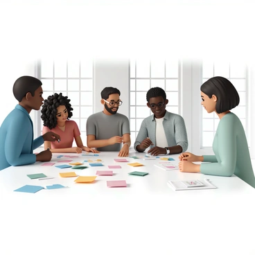 A group of five diverse professionals gathered around a large, rectangular table. The table is covered in colorful notes and sketches, with sticky notes in bright shades of pink, yellow, green, and blue scattered across the surface. The individuals consist of a South Asian woman with long black hair, wearing a blue blazer, a Black man with short curly hair in a gray shirt, a Hispanic woman with curly hair in a red dress, a Caucasian man with glasses in a checked shirt, and an East Asian woman with a bob haircut in a light green blouse. They are actively discussing ideas, pointing to the notes, and holding pens in their hands. The room has large windows that allow natural light to fill the space, highlighting the focused expressions on their faces.