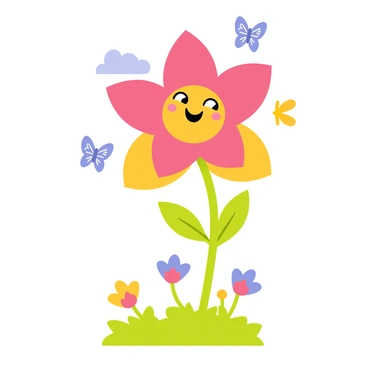 A whimsical flower character with large, vibrant petals in shades of pink and yellow. The flower has a happy, smiling face with big, cheerful eyes. It is depicted dancing joyfully in the wind, with its green stem bending slightly. Surrounding the character are small, floating butterflies and a few fluffy clouds in a bright blue sky. The ground features patches of green grass and other colorful flowers, enhancing the lively scene.