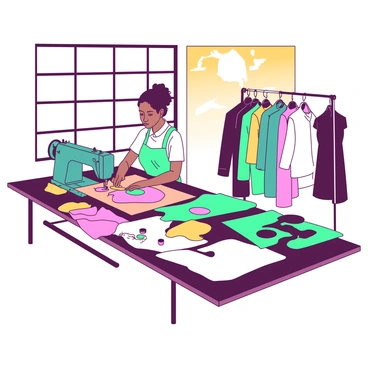 A designer creating eco-friendly fashion using templates made from recycled materials.