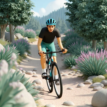A cyclist, wearing a vibrant blue helmet, a black cycling jersey, and green shorts, is navigating a rugged mountain trail. The mountain trail is rocky and uneven, with dirt patches visible amidst the stones. Surrounding the trail, there is lush greenery, including dense trees, ferns, and vibrant bushes, creating a rich backdrop. The cyclist is leaning forward slightly, showing determination, as they steer their mountain bike on the challenging path. Sunlight filters through the trees, casting dappled shadows on the ground.