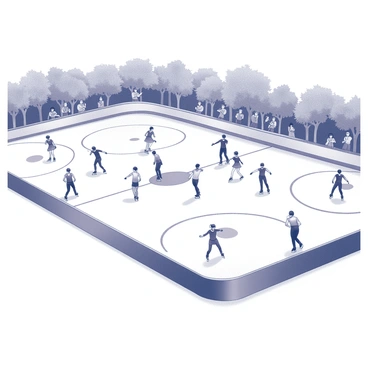 A large open skating rink is filled with skaters executing synchronized routines. Each skater is in motion, showcasing various skating techniques and formations. The skaters wear matching outfits, enhancing the visual harmony of their performance. Spectators are gathered around the rink, watching intently, with some clapping in appreciation of the display. The atmosphere is lively, with a backdrop of trees lining the rink, creating a natural setting for the event. The sun casts shadows on the ice, highlighting the dynamic movements of the skaters.