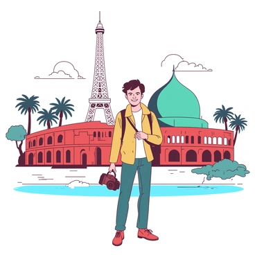 A traveler stands in the center of the image, smiling while holding a camera. Surrounding the traveler, there are illustrations of iconic landmarks such as a tall, white tower resembling the Eiffel Tower, a large, teal dome standing for the Taj Mahal, and a majestic, red amphitheater similar to the Colosseum. In the background, there is a representation of a blue ocean with palm trees swaying gently. The overall scene gives the impression of an exotic location filled with famous sights.