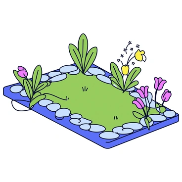 A beautifully maintained garden featuring a variety of colorful flowers, neatly arranged in flower beds. Several leafy green plants are strategically placed throughout the garden, showcasing the diversity of vegetation. A drip irrigation system is visible, with hoses running close to the base of the plants, efficiently delivering water. Decorative stones line the pathways, providing structure and visual interest. A small, well-kept lawn area is present, adding to the overall aesthetic of the garden.