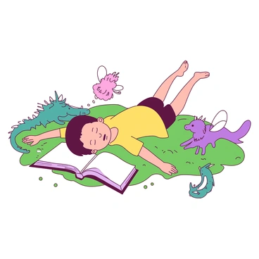 A yellow child is lying on a bed of green grass with arms stretched out. The child has a relaxed expression, eyes half-closed, as they daydream. Beside the child, an open white book rests on the grass, pages fluttering lightly in the breeze. Surrounding the child are various imaginary creatures: a small teal dragon with glimmering scales, a fluffy pink unicorn with a shimmering mane, and a bright purple fairy with delicate wings. The creatures are playfully interacting, adding a whimsical atmosphere to the scene.