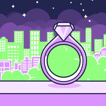 A wedding ring on a ledge overlooking a bustling cityscape at night