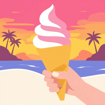 An ice cream cone with swirls of pink and white ice cream is held in a hand. The background features a vibrant beach sunset, showcasing shades of orange, pink, and purple blending in the sky. Silhouettes of palm trees are visible along the edges, and soft waves can be seen gently lapping at the shore. The scene captures the essence of a relaxing evening at the beach.