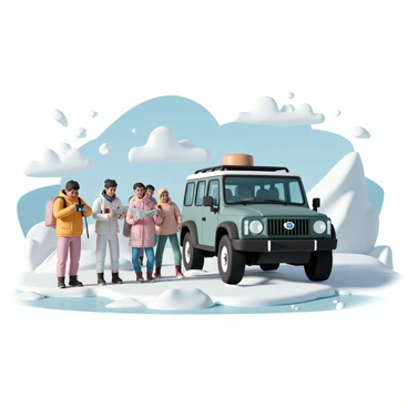 A Tata vehicle, featuring a rugged design and equipped for harsh conditions, is parked on a snowy, icy terrain. The icy landscape is dotted with jagged ice formations and a clear, blue sky overhead. A group of explorers, dressed in thick winter gear, including insulated jackets, snow pants, and sturdy boots, stands beside the vehicle. Some of the explorers are examining a map, while others are taking photographs of the surrounding landscape. Their expressions show excitement and determination as they prepare for their adventure in the frigid environment. Snow is gently falling, adding to the winter atmosphere.