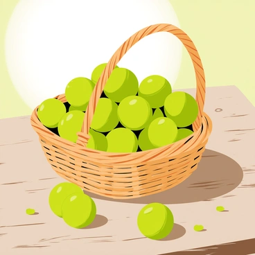 A wicker basket filled with round, green amla fruits sits on a rustic wooden table. The basket features a braided pattern, showcasing its handmade quality. Scattered around the basket are a few fallen amla fruits, emphasizing their freshness. The wooden table has a weathered texture, with visible grain patterns and some small knots, enhancing the rustic feel of the scene. Soft natural light illuminates the fruits, highlighting their glossy surface.