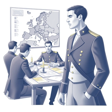 A young man dressed in a military uniform, featuring a tailored jacket with gold trim and epaulettes, stands at a wooden table covered with maps and documents. He is surrounded by several other men, all in similar military attire, engaged in intense discussion. The expressions on their faces reflect concentration and determination. In the background, a large map of Europe is pinned to the wall, with various marks and annotations made on it. A candle illuminates the scene, casting soft shadows and creating a focused atmosphere for their strategic planning.