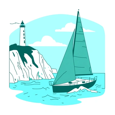 A teal catamaran is gliding smoothly through the water, its sails fully extended and catching the wind. In the background, a white rugged coastline rises dramatically, with sharp cliffs and rocky outcrops. Towering above the landscape, there is a tall white lighthouse standing proudly at the edge of the cliffs, its light shining bright. The ocean waves are gently lapping against the hull of the catamaran, creating small splashes of water around it. The sky above is clear, with a few fluffy clouds scattered across the blue expanse.