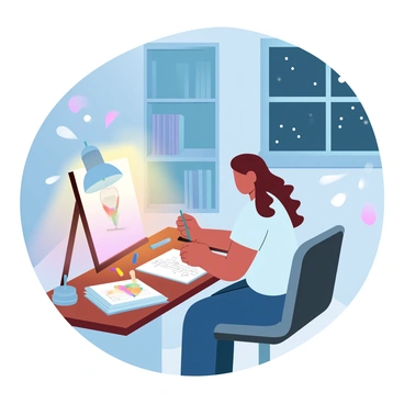An illustrator is sitting at a wooden desk late at night, surrounded by art supplies and sketchbooks. The warm light from a lamp casts a cozy glow over the workspace. The desk has various colored pencils and brushes scattered around. A half-finished illustration is displayed on an easel beside the desk. The room has bookshelves filled with art books in the background, creating an inviting atmosphere. A window shows a dark night sky outside, with stars twinkling faintly.