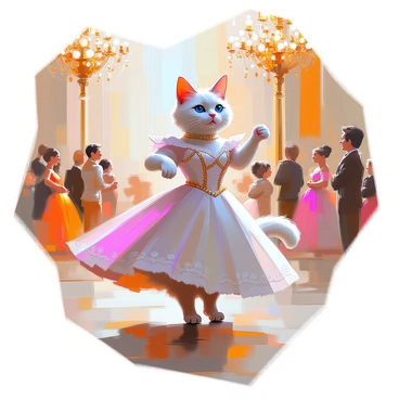 A fancy cat with fluffy white fur and bright blue eyes is wearing an elaborate Victorian ball gown adorned with lace and ribbons. The gown features a voluminous skirt that flows elegantly as the cat dances. It is standing on its hind legs in a graceful pose, with one paw elegantly lifted. The grand ballroom around it is adorned with chandeliers and ornate gilded details, with a polished wooden floor reflecting the soft light. In the background, there are other elegantly dressed guests, both human and animal, enjoying the evening festivities.