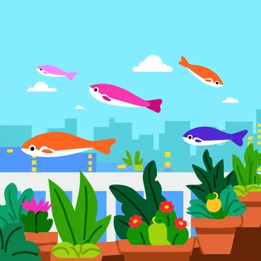 A group of colorful flying fish gliding gracefully through the air above a vibrant rooftop garden. The rooftop garden is filled with various plants, including colorful flowers, lush green ferns, and small fruit trees. In the background, the skyline of a bustling city can be seen, with tall buildings and bright lights. The sky is a clear blue, allowing sunlight to illuminate the scene, highlighting the scales of the flying fish as they hover playfully above the garden.